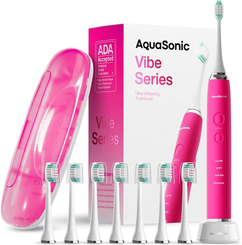Aquasonic فرشاة الأسنان الكهربائية من سلسلة Vibe - معتمدة من جمعية طب الأسنان الأمريكية - 8 رؤوس فرشاة وحقيبة سفر - محرك 40,000 اهتزاز في الدقيقة وشحن لاسلكي - 4 أوضاع مع مؤقت ذكي - وردي كهربائي - Image 1