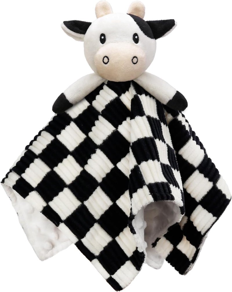 BEILIMU Cow High Contrast Baby Security Blanket for Babies Soft 3D Checkerboard Lovey with Minky Dot Fabric Backing Newborn Boys and Girls Snuggle Stuffed Animal Blankie 14 Inch - Image 1