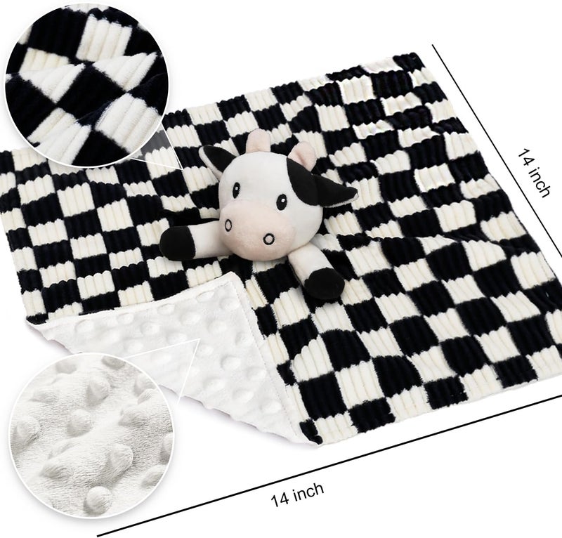 BEILIMU Cow High Contrast Baby Security Blanket for Babies Soft 3D Checkerboard Lovey with Minky Dot Fabric Backing Newborn Boys and Girls Snuggle Stuffed Animal Blankie 14 Inch - Image 3
