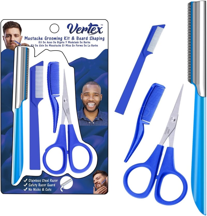 VERTEX Mustache Scissors Grooming Kit Comb - Movember Travel Razor Mens Beard Trimmer Straight Edge Stainless Steel Shaping Tool For Men After Black Color Dye Goatee Shaper Clippers Balm Combs Wash Brush - Image 1