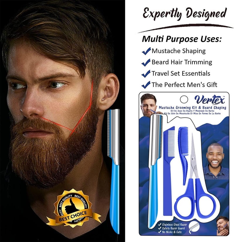 VERTEX Mustache Scissors Grooming Kit Comb - Movember Travel Razor Mens Beard Trimmer Straight Edge Stainless Steel Shaping Tool For Men After Black Color Dye Goatee Shaper Clippers Balm Combs Wash Brush - Image 2