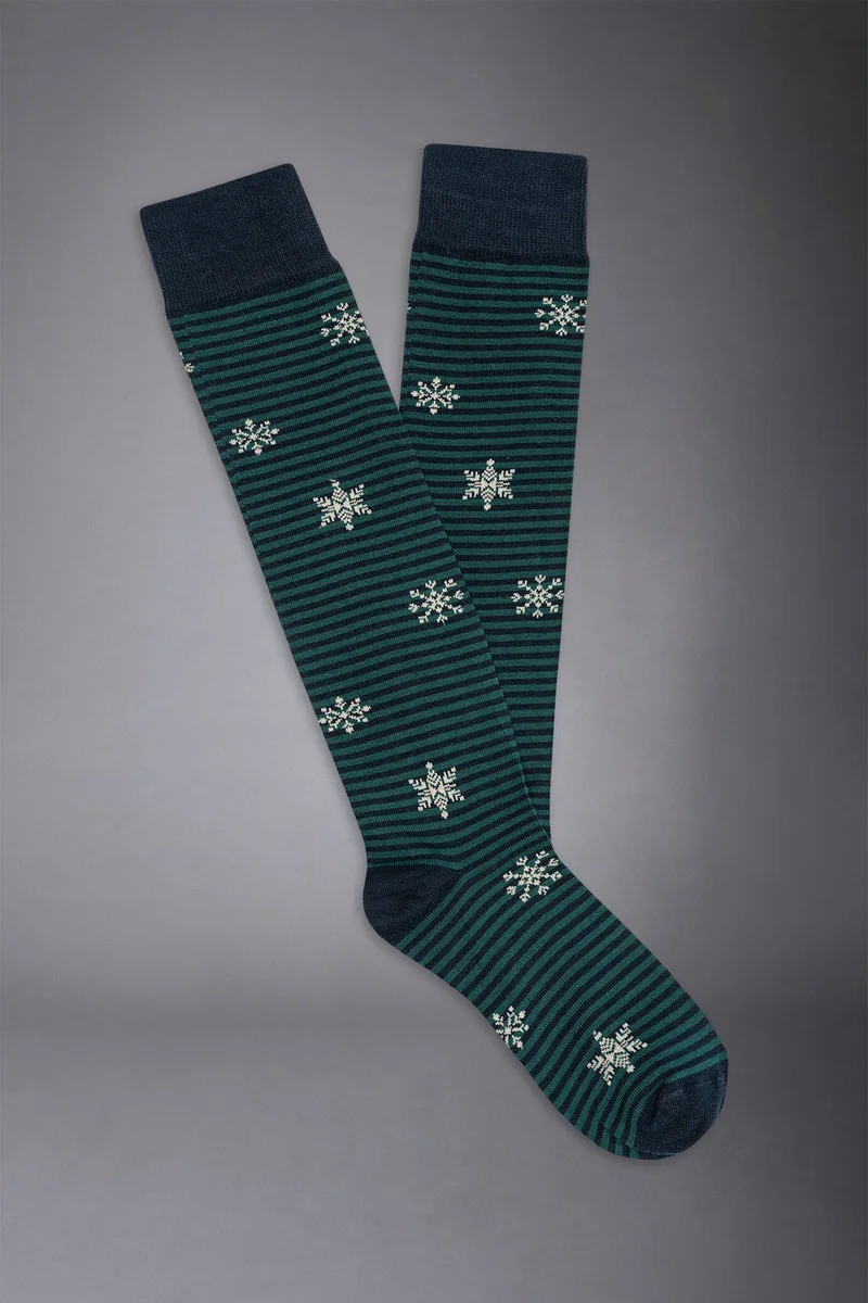 دوبل غانغر Men's knitted long socks with snowflakes pattern made in Italy - Blue/Green