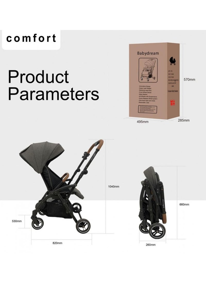 BabyDream Foldable Comfort Stroller, 5-Point Safety Belts - Grey  - Image 2