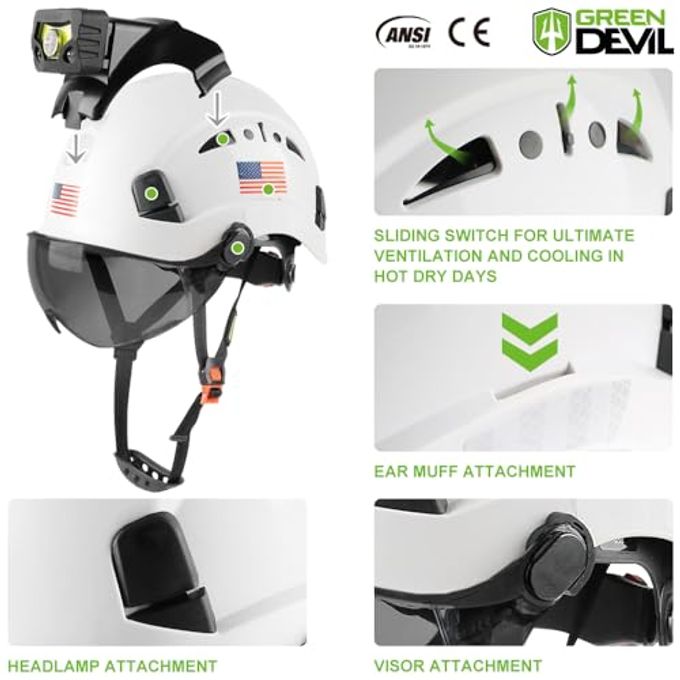 GREEN DEVIL Safety Hard Hat With Rechargeable Headlamp Light Men Vented Work Hardhat Ansi Z89.1 Approved Cascos De Construccion Ideal For Industrial Construction Helmet Liner Included - Image 5