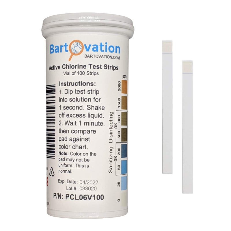Bartovation Active Chlorine Bleach Test Strips, 0-2000 ppm [Vial of 100 Plastic Strips] Designed for Daycares and Senior Homes for Sanitizing and Disinfecting - Image 1