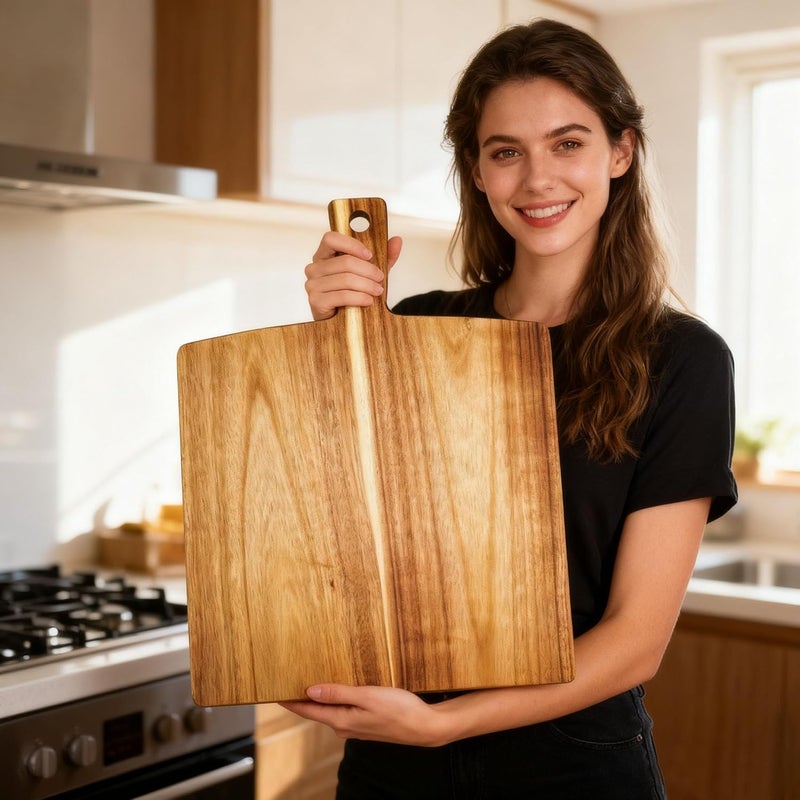 Zeqi Large Acacia Wood Cutting Board with Handle 17''X13'', Charcuterie Board, Serving Board, Chopping Board for Meat, Cheese, Bread, Vegetables & Fruits (Square) - Image 4
