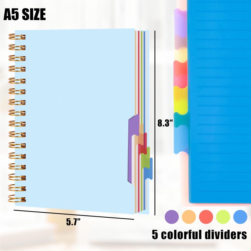Koogel Spiral Notebook with Tabs, 5 Subject Spiral Notebook College Ruled with Removable Dividers, 200Pages Lined Journals for Women Journals Note Taking Work School Gifts, 5.7x8.3 Inch, Blue - Image 5