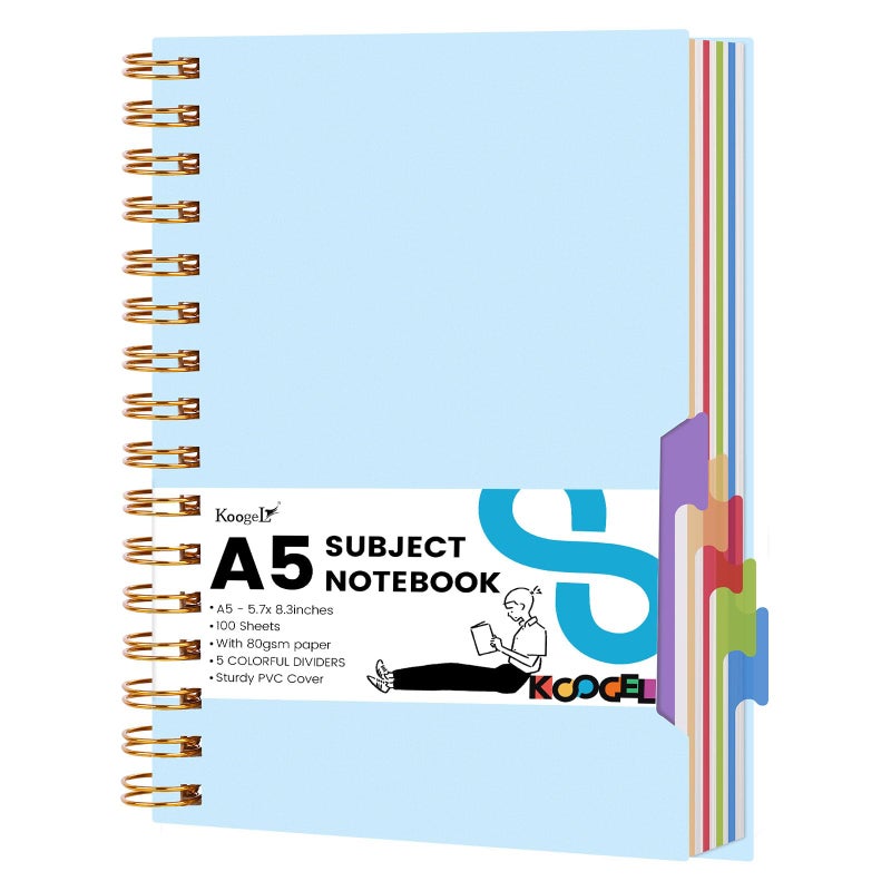 Koogel Spiral Notebook with Tabs, 5 Subject Spiral Notebook College Ruled with Removable Dividers, 200Pages Lined Journals for Women Journals Note Taking Work School Gifts, 5.7x8.3 Inch, Blue - Image 1