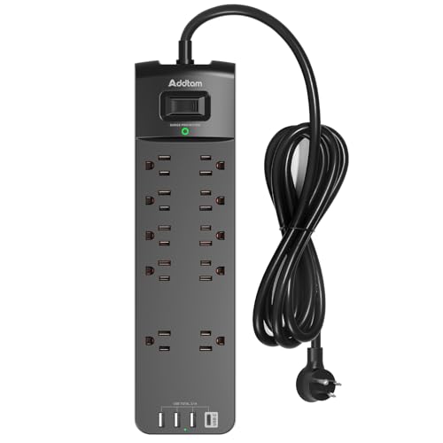 Addtam Power Strip - Addtam Surge Protector with 10 Outlets and 4 USB Ports, 6 Feet Extension Cord with Flat Plug, 2700 Joules, ETL Listed, Black - Image 1