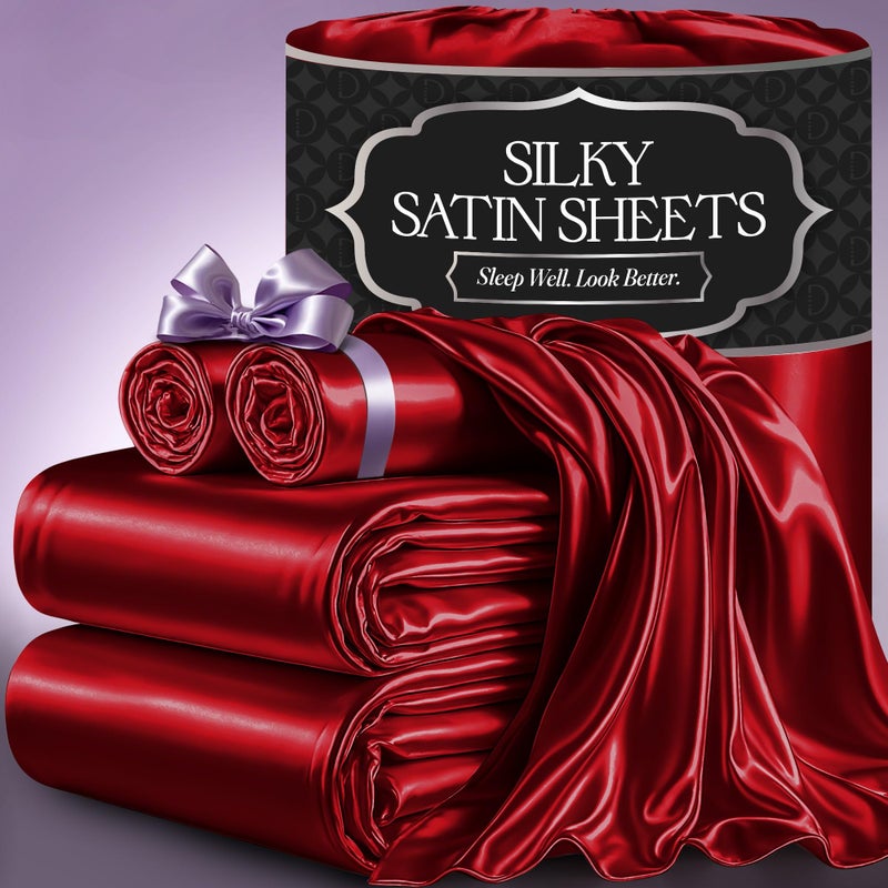 DECOLURE Satin Bed Sheets  4 Piece Luxury Silky Full Size Bedding Set  Softer Than Silk WrinkleFree with 15 Deep Pocket Fitted Sheet Perfect for Hair  Skin Gifts for Women Red