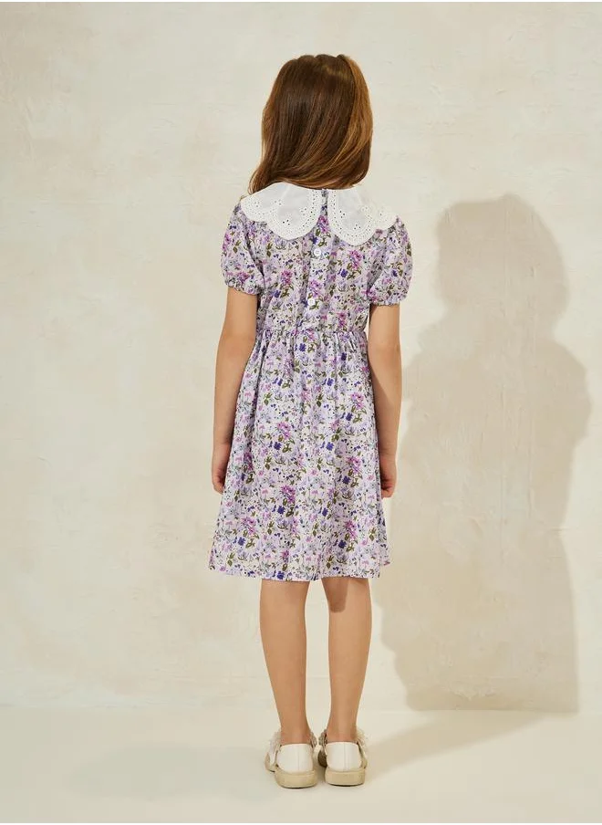 ستايلي Floral Print Schiffli Collar Dress