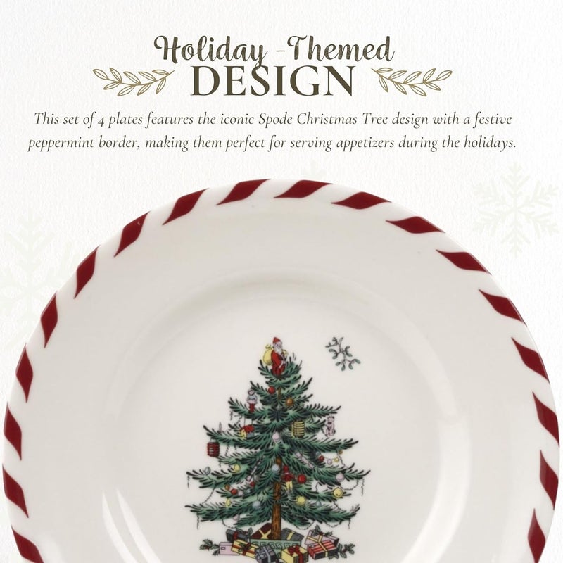 Spode Christmas Tree Canape Plates  Set of 4  Peppermint Design Holiday Appetizer Plate  Christmas Serving  Festive Plate  Seasonal Decorative Plate Holiday Tableware - Image 3