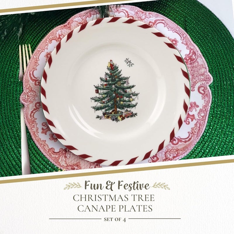 Spode Christmas Tree Canape Plates  Set of 4  Peppermint Design Holiday Appetizer Plate  Christmas Serving  Festive Plate  Seasonal Decorative Plate Holiday Tableware - Image 2