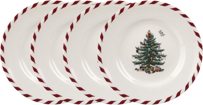 Spode Christmas Tree Canape Plates  Set of 4  Peppermint Design Holiday Appetizer Plate  Christmas Serving  Festive Plate  Seasonal Decorative Plate Holiday Tableware - Image 1