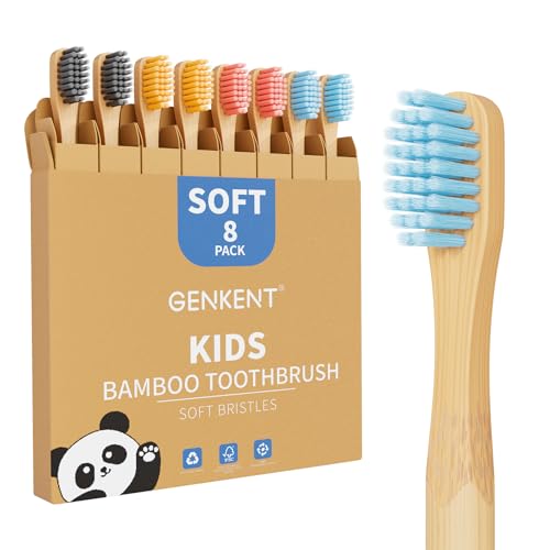 GENKENT 8 Counts Kids Bamboo Toothbrushes BPA Free Soft Bristles Travel Tooth Brush Natural Charcoal Toothbrush - Image 1