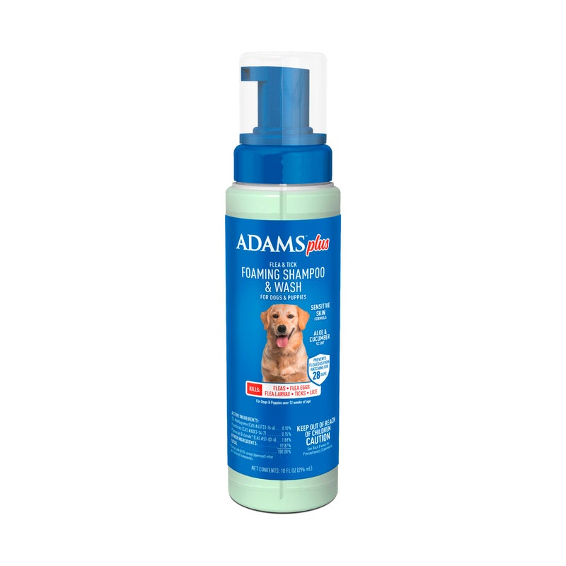 Adams Plus Flea & Tick Foaming Shampoo & Wash for Dogs & Puppies Over 12 Weeks | Sensitive Skin Flea Treatment for Dogs and Puppies | Kills Adult Fleas, Ticks, and Lice On Contact | 10 Oz - Image 1