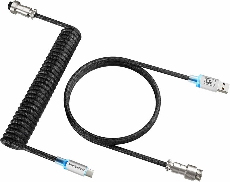 MAMBASNAKE Coiled USB C Cable for Gaming Keyboard with RGB Lighting, Nylon Braided With Detachable 4-Pin Metal Aviator, HyperSpeed Type C With 8KHz Return Rate, 4.92ft Length (C01 ULTIMATE/Black) - Image 1