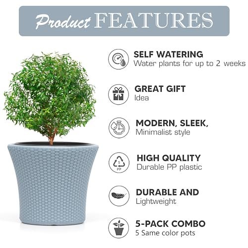 Livzing 9 Inch Self Watering Pot-Plastic Flower Pot-Gamla Planter Pot-Modern Decorative Planter Perfect for Indoor-Outdoor-Balcony-Garden-Living Room-Home-Grey(Pack of 5) - Image 5