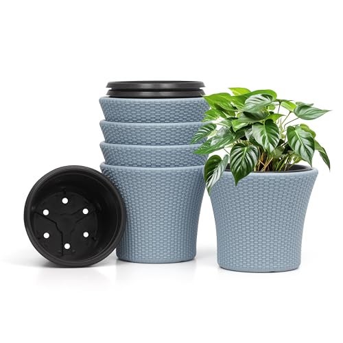 Livzing 9 Inch Self Watering Pot-Plastic Flower Pot-Gamla Planter Pot-Modern Decorative Planter Perfect for Indoor-Outdoor-Balcony-Garden-Living Room-Home-Grey(Pack of 5) - Image 1