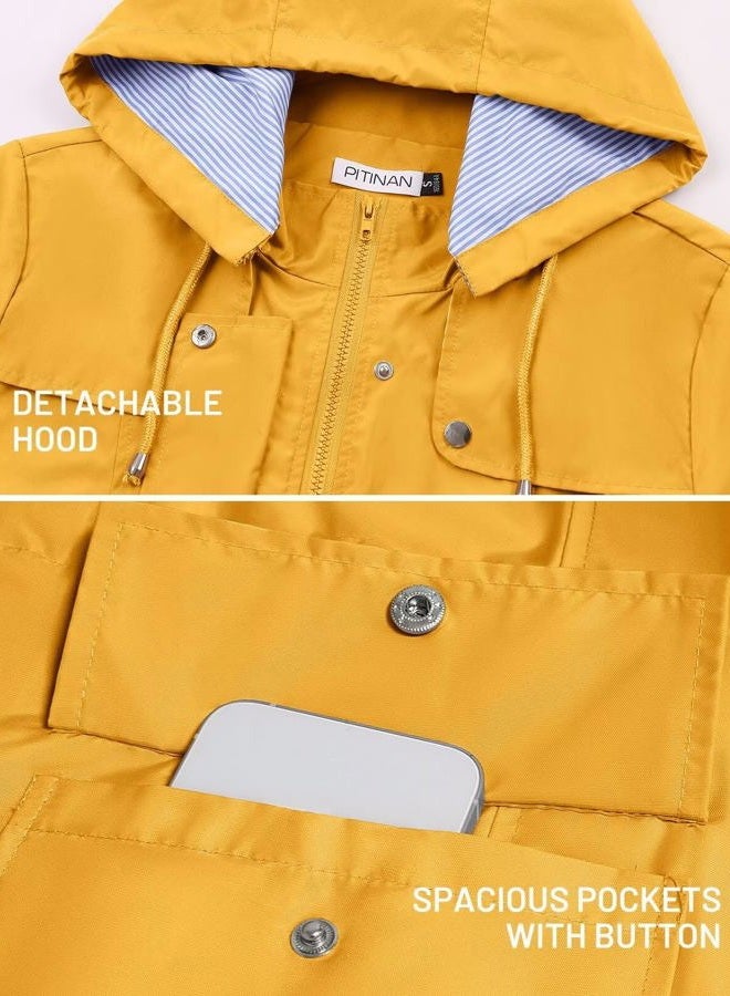 PITINAN Rain Jackets For Women Waterproof Rain Coats with Hood Lightweight Windbreaker Outdoor Womens Raincoats, Yellow, L - Image 4