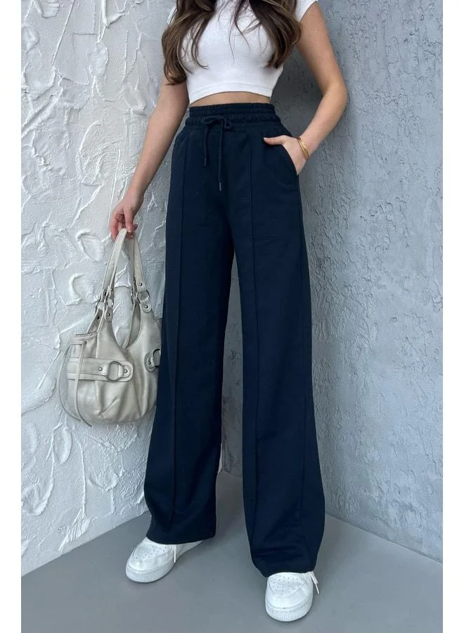 Mmetalic Women’s Seasonal Oversized Wide-Leg High-Waist Navy Sweatpants