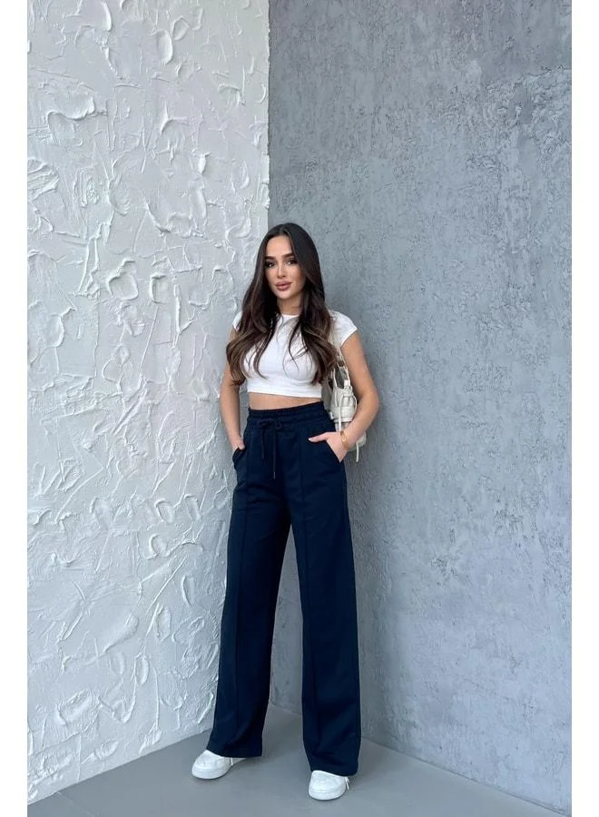 Mmetalic  Women’s Seasonal Oversized Wide-Leg High-Waist Navy Sweatpants for Women | Best Price UAE