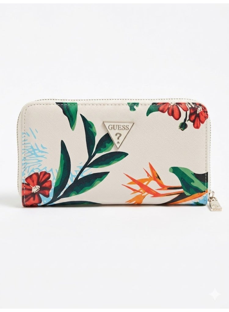 GUESS Women’s White Tropical Floral Zip Around Wallet – Stylish Printed Wallet with Logo