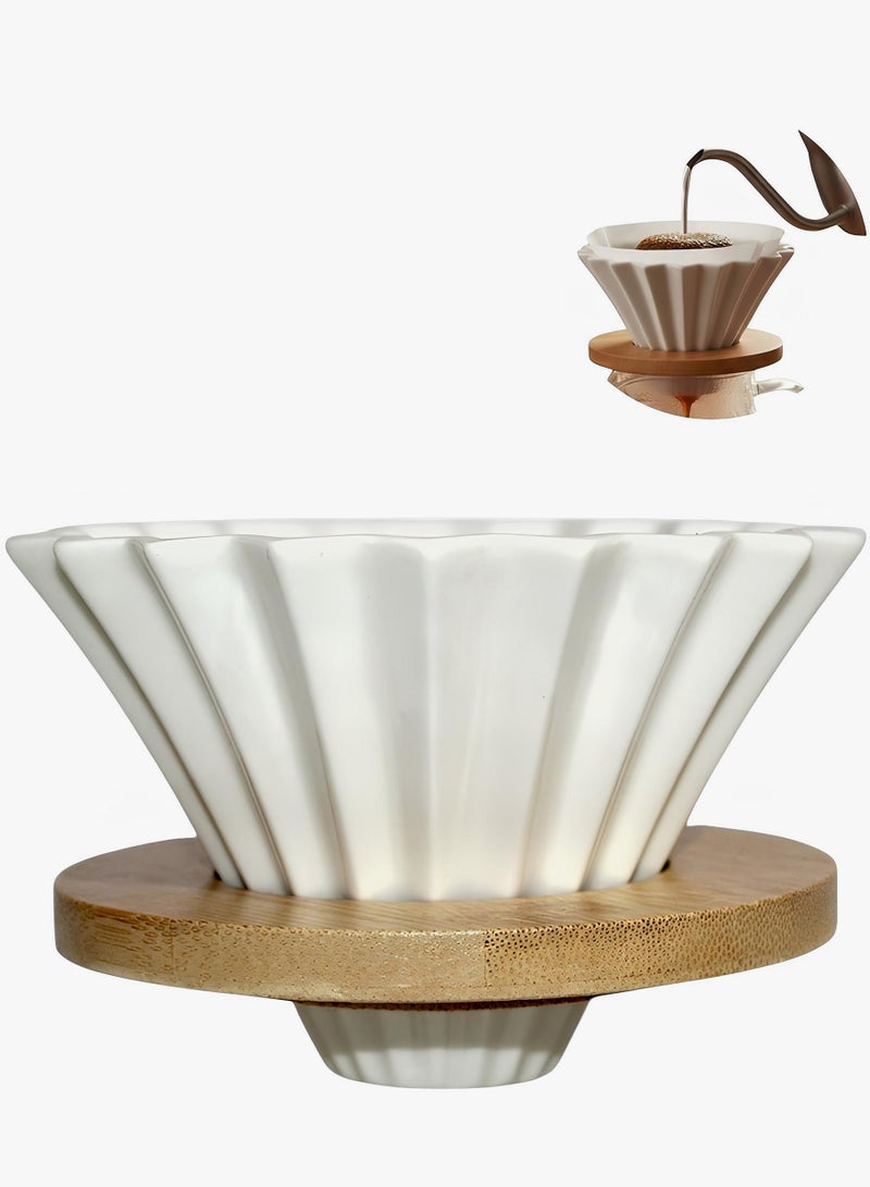 Pure White Ribbed Porcelain Coffee Dripper with Natural Wood Stand - Size 01 (1-2 Cups) - Image 1