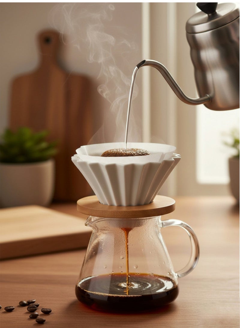 Pure White Ribbed Porcelain Coffee Dripper with Natural Wood Stand - Size 01 (1-2 Cups) - Image 3