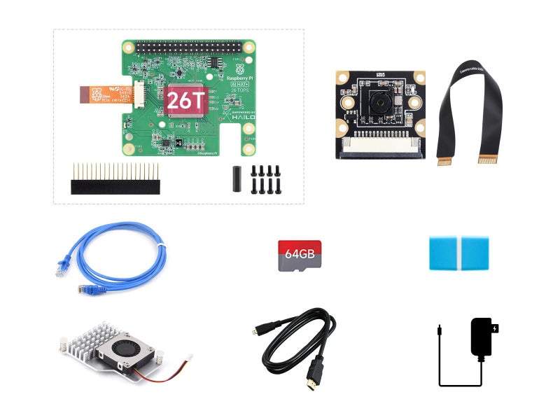 Waveshare مجموعة Waveshare AI، متوافقة مع Raspberry Pi 5، حزمة مع Raspberry Pi AI HAT+ 26T، كاميرا PI5-IMX219-77، مروحة، بطاقة TF سعة 64 جيجابايت، كابل وما إلى ذلك (8 عناصر) - Image 1