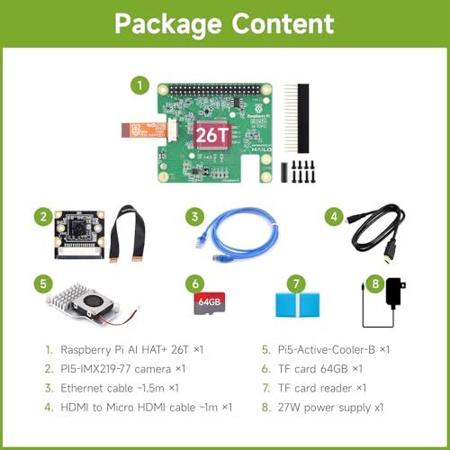 Waveshare مجموعة Waveshare AI، متوافقة مع Raspberry Pi 5، حزمة مع Raspberry Pi AI HAT+ 26T، كاميرا PI5-IMX219-77، مروحة، بطاقة TF سعة 64 جيجابايت، كابل وما إلى ذلك (8 عناصر) - Image 2