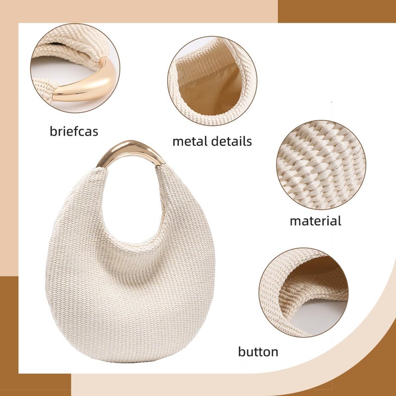 PHILOMENA Straw Bag for Women, Boho Chic Woven Hobo Tote Handbag, Handmade Straw Crescent Purse, Lightweight Summer Beach Shoulder Bag (Beige) - Image 5