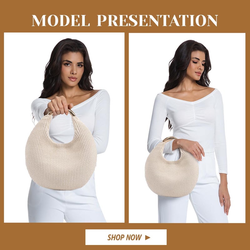 PHILOMENA Straw Bag for Women, Boho Chic Woven Hobo Tote Handbag, Handmade Straw Crescent Purse, Lightweight Summer Beach Shoulder Bag (Beige) - Image 2
