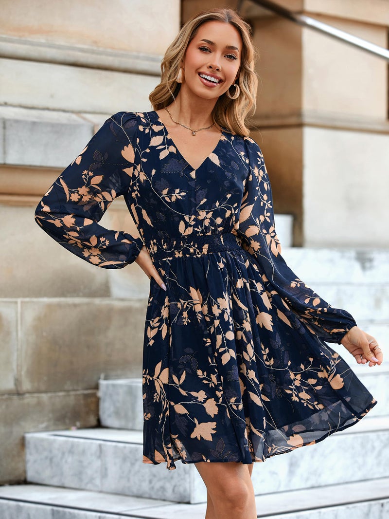 Simplee Womens Floral Mini Dress - Long Sleeve Casual V Neck Chiffon Modest Boho Flowy Fall Wedding Guest Dresses,Navy Blue XL - Image 3