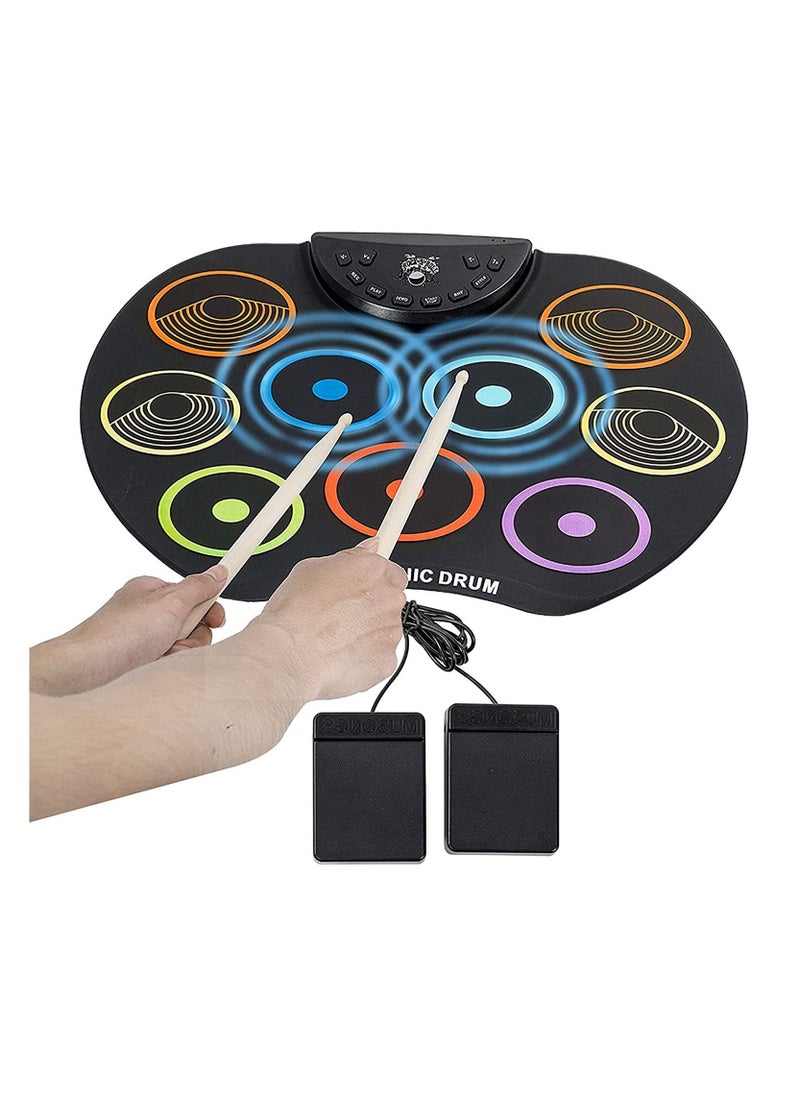 Portable Roll Up Electronic Drum, 9 Pads Digital Bass Drum with 2 Pedals & Mallets, 3.5mm Audio Input, Supports Recording, Best Music Gift for Kids Beginner  - Image 1