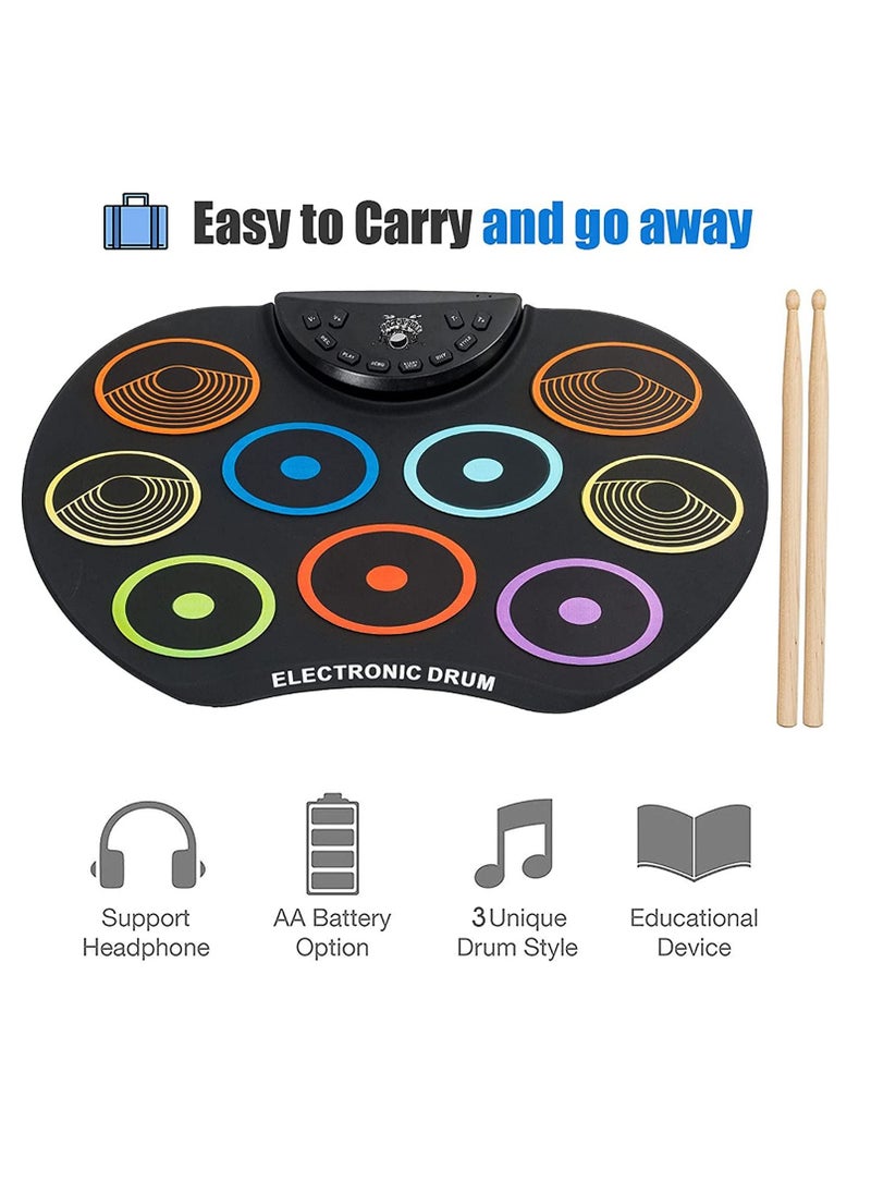 Portable Roll Up Electronic Drum, 9 Pads Digital Bass Drum with 2 Pedals & Mallets, 3.5mm Audio Input, Supports Recording, Best Music Gift for Kids Beginner  - Image 2