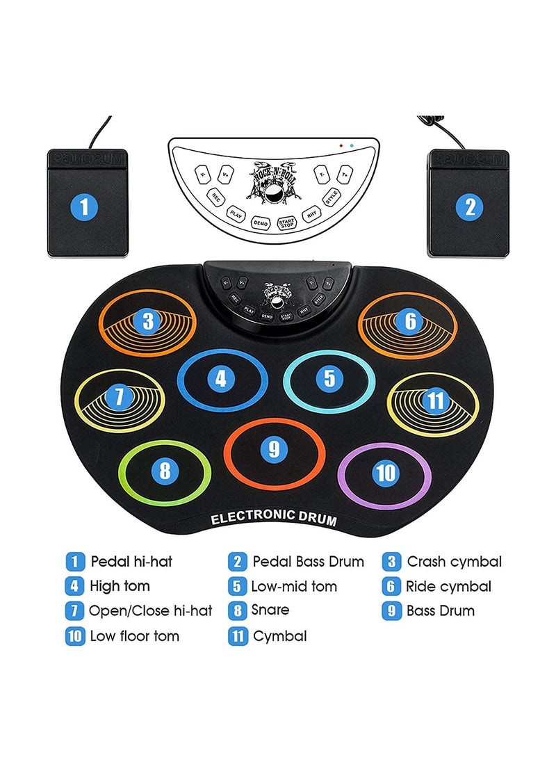 Portable Roll Up Electronic Drum, 9 Pads Digital Bass Drum with 2 Pedals & Mallets, 3.5mm Audio Input, Supports Recording, Best Music Gift for Kids Beginner  - Image 4