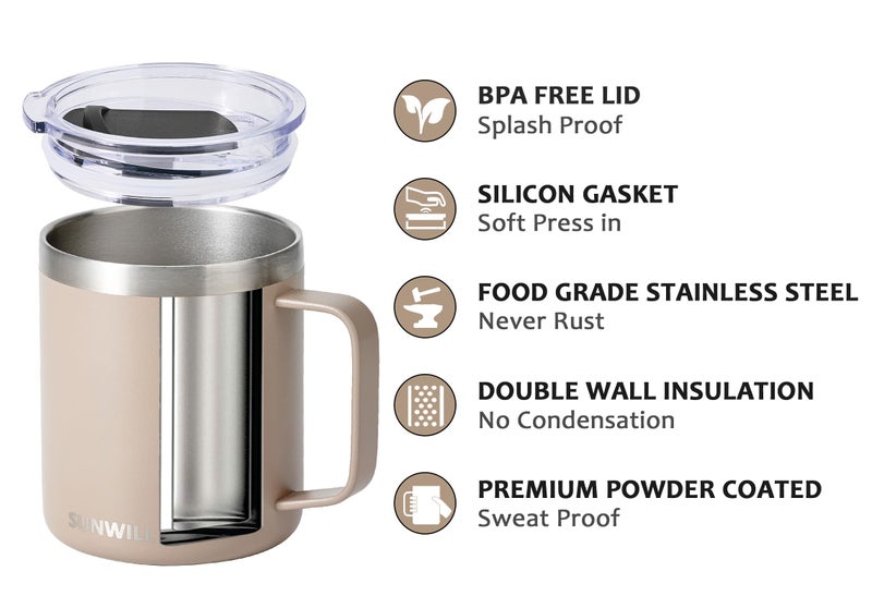 SUNWILL SUNWILL Coffee Mug with handle and lid 14oz  Insulated Camping Mug  Double Wall Stainless Steel Travel Tumbler Cup  Reusable Coffee Cup Outdoor  Powder Coated Taupe - Image 2
