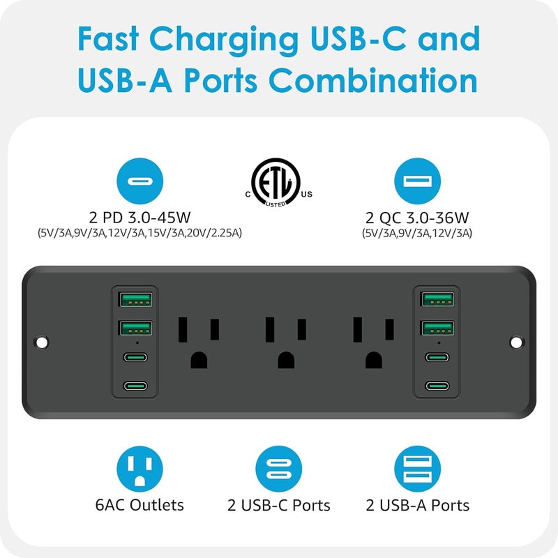 14 في 1 شريط طاقة سريع الشحن غائر، مقبس طاقة للأثاث بقدرة 45 واط مع USB-C، حماية من زيادة التيار مع تركيب متساوٍ، مع 6 مقابس تيار متردد، 4 منافذ USB-A و4 منافذ USB-C، سلك طاقة بطول 6 أقدام. (أسود) - Image 2