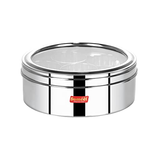 Sumeet Stainless Steel Round Masala (Spice) BoxOrganiser with See Through Lid With 7 Containers and Small Spoon Size 10 (1Ltr) (17cm), Silver - Image 2
