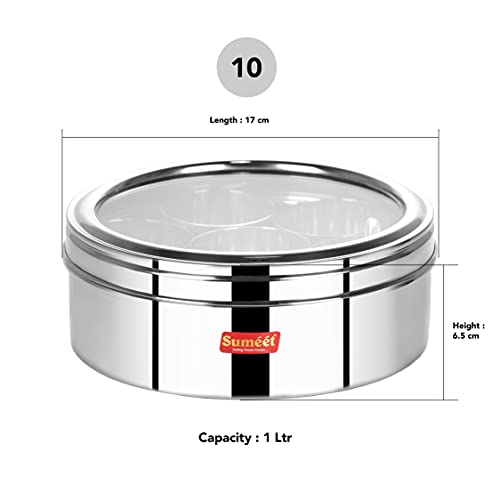 Sumeet Stainless Steel Round Masala (Spice) BoxOrganiser with See Through Lid With 7 Containers and Small Spoon Size 10 (1Ltr) (17cm), Silver - Image 4