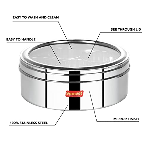 Sumeet Stainless Steel Round Masala (Spice) BoxOrganiser with See Through Lid With 7 Containers and Small Spoon Size 10 (1Ltr) (17cm), Silver - Image 3