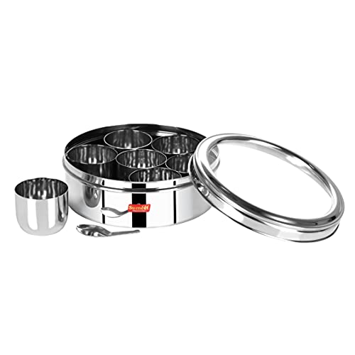 Sumeet Stainless Steel Round Masala (Spice) BoxOrganiser with See Through Lid With 7 Containers and Small Spoon Size 10 (1Ltr) (17cm), Silver - Image 5