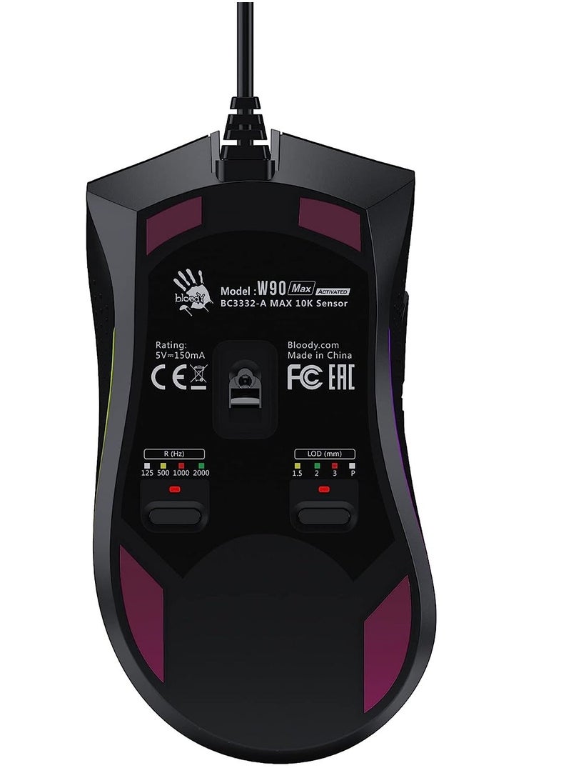 W90 Max Gaming Mouse -4 Core Activated RGB  – BC3332-A 10K Sensor – 10,000 CPI – 250 IPS – 4 Types LOD Setting Switch – 2000 Hz Report Rate – 4M Onboard Memory – Dual-Injection Rubber Wheel