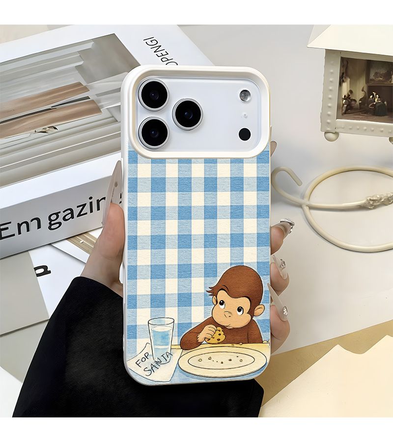 Phone Case For iPhone 14 White High End Soft Case With Grid Patterned Curious Monkey Design Fashion New Style Gift For Friends And Couples - Image 2