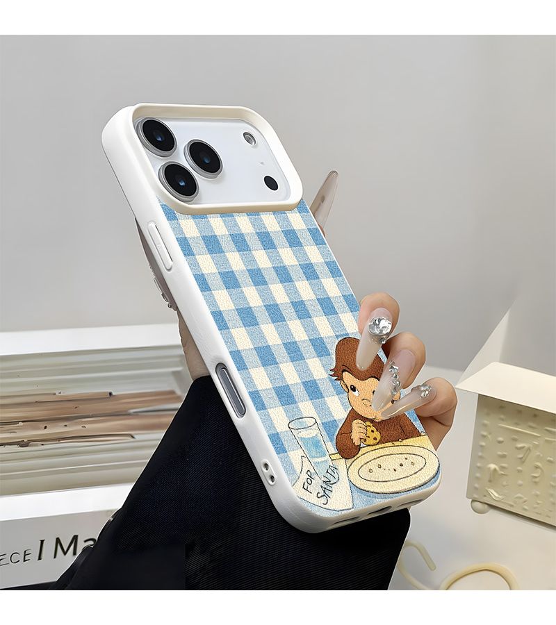 Phone Case For iPhone 14 White High End Soft Case With Grid Patterned Curious Monkey Design Fashion New Style Gift For Friends And Couples - Image 1