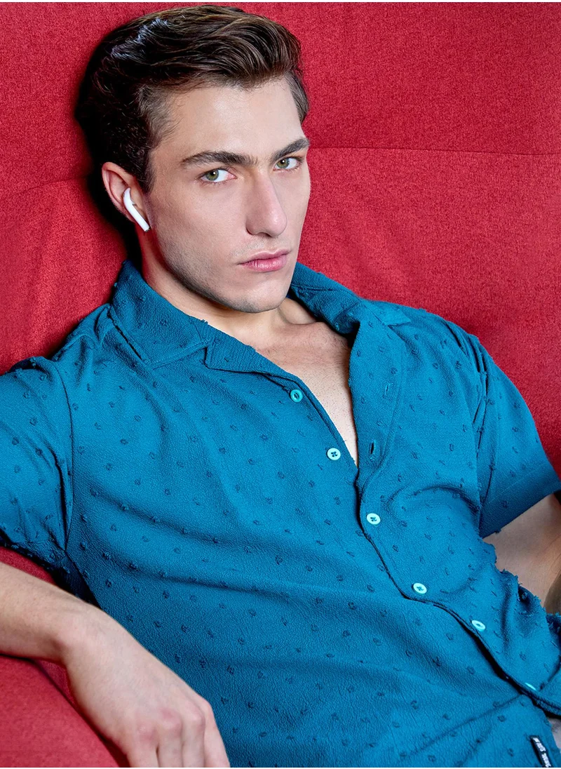 كامبوس سوترا Men's Teal Green Self-Design Pom-Pom Shirt
