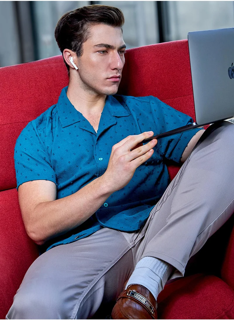 كامبوس سوترا Men's Teal Green Self-Design Pom-Pom Shirt