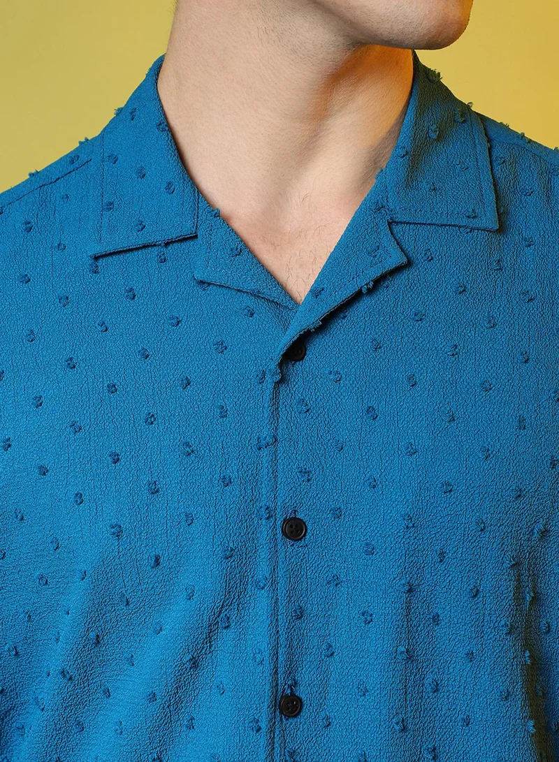 Campus Sutra Men's Teal Green Self-Design Pom-Pom Shirt