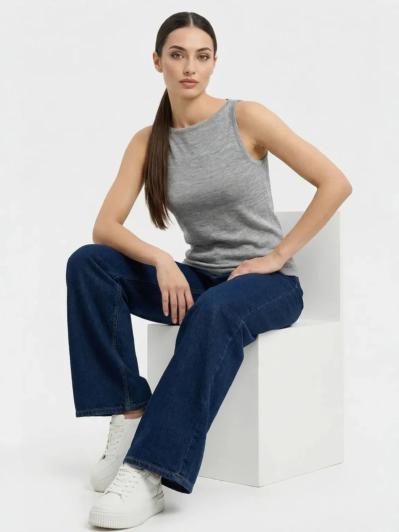 Big Dart Grey BDART Ribbed Sleeveless Crew Neck Tank Top for Women | Best Price UAE